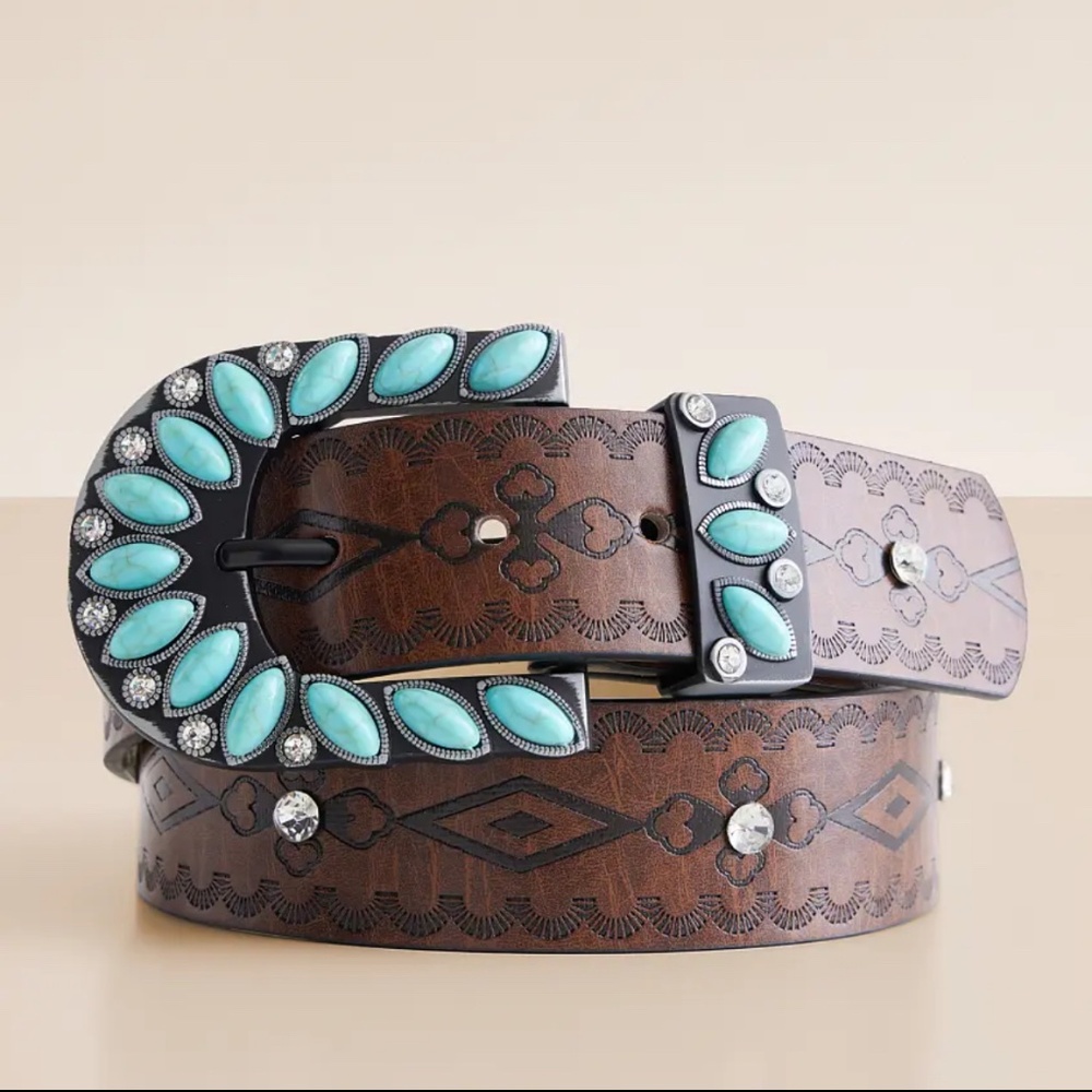 turquoise buckle western belt with rhinestones